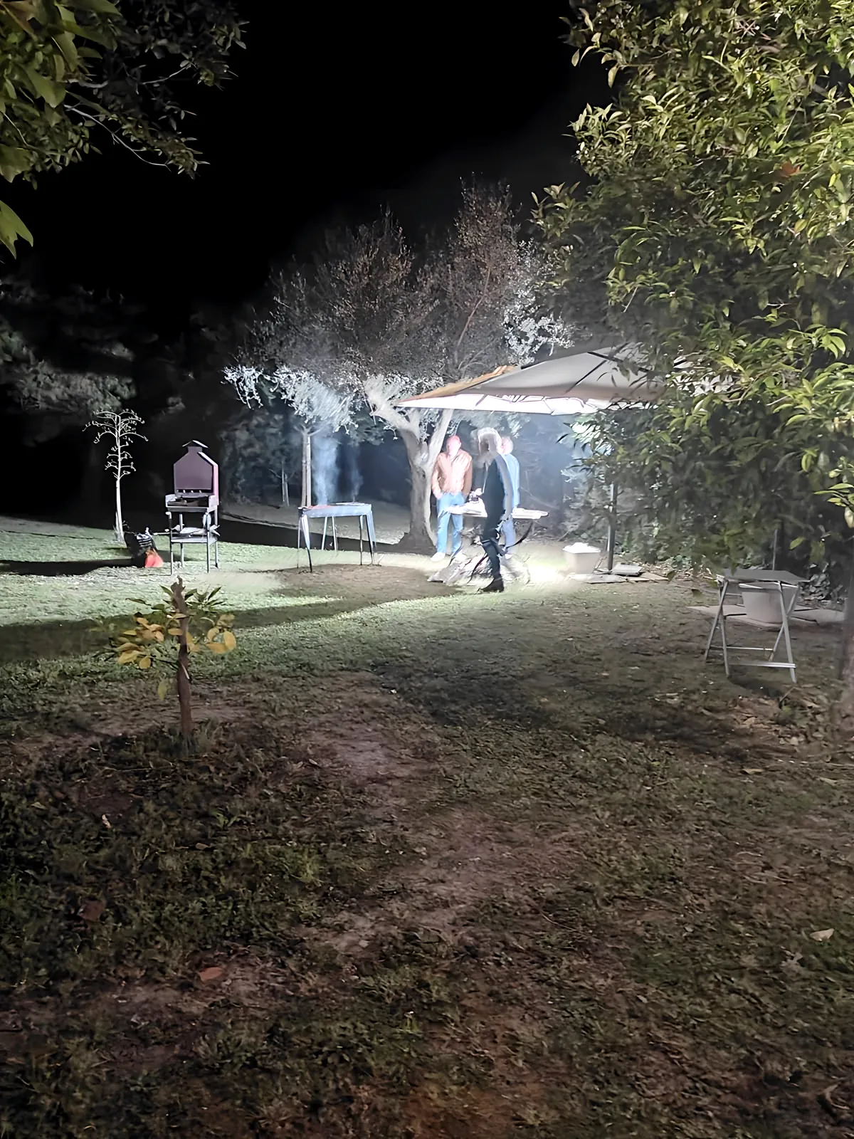 Il giardino illuminato di notte, persone sotto il gazebo